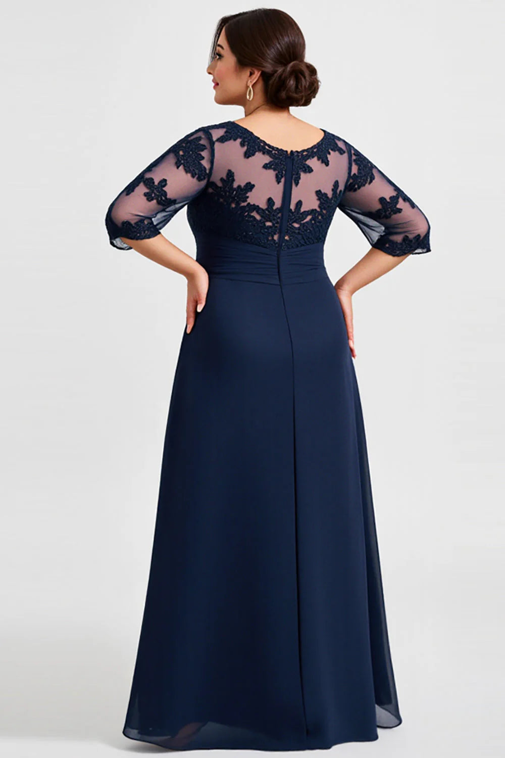 Navy Plus Size Chiffon Illusion Neck Long Mother of the Bride Dress